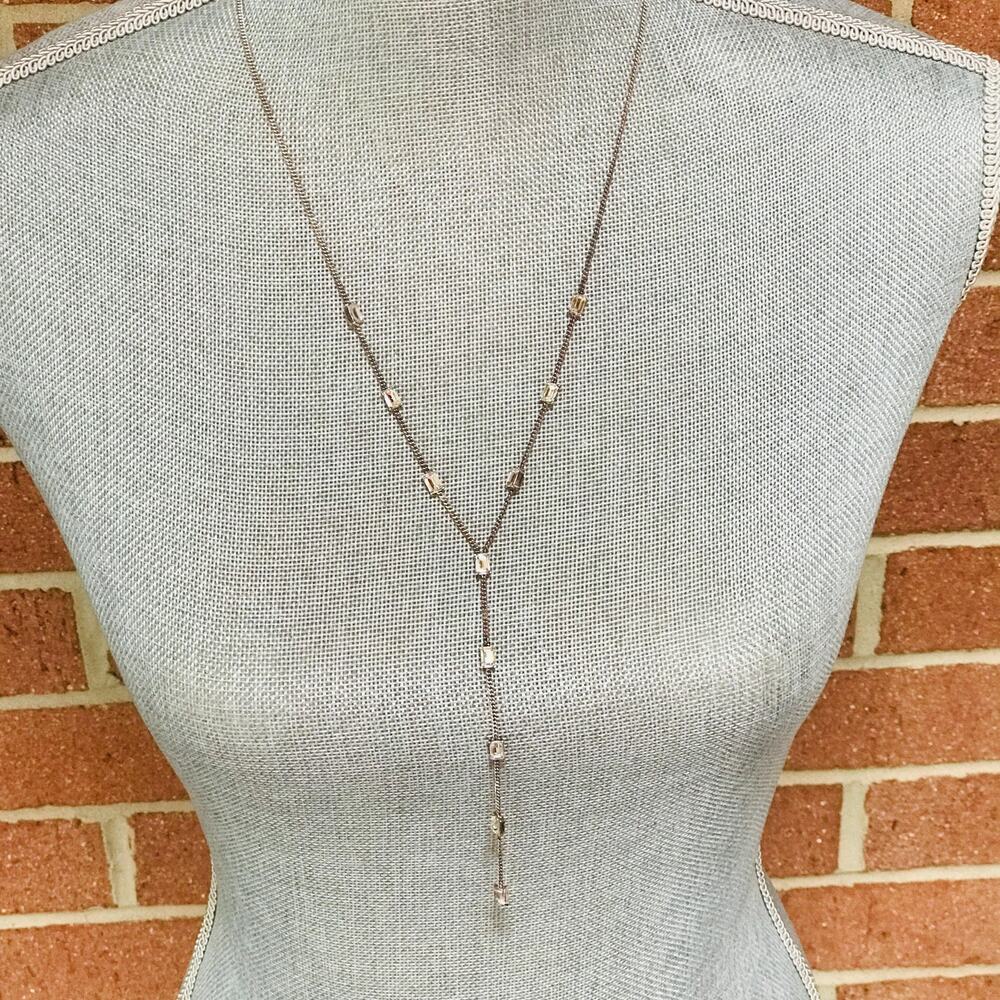Ralph Lauren Silver LRL Tone Faceted Crystal Baguette Rhinestone Lariat Necklace